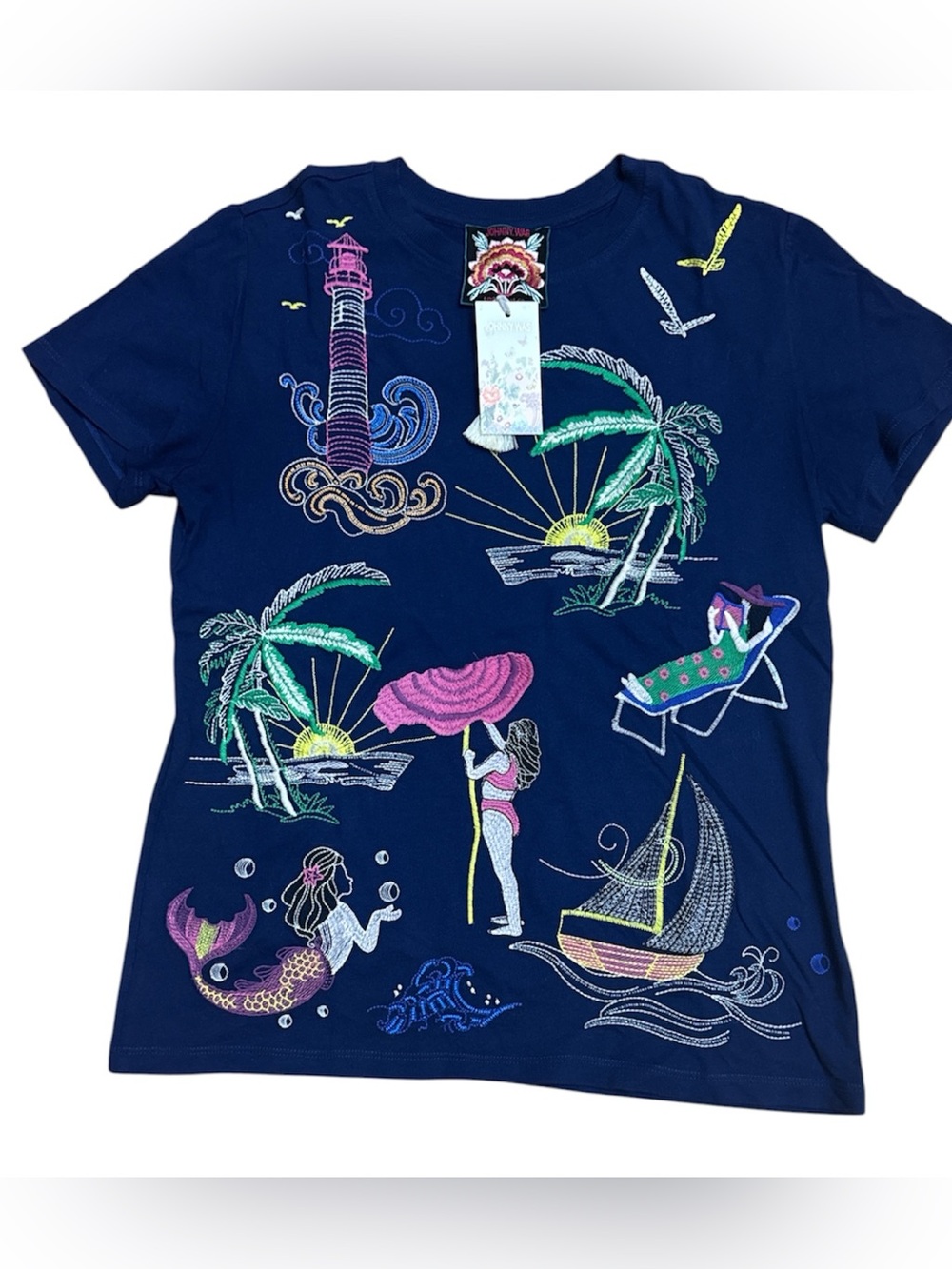 Johnny Was Navy Short Sleeve Travel Beach Scene Embroidered Tee - Picture 4 of 11